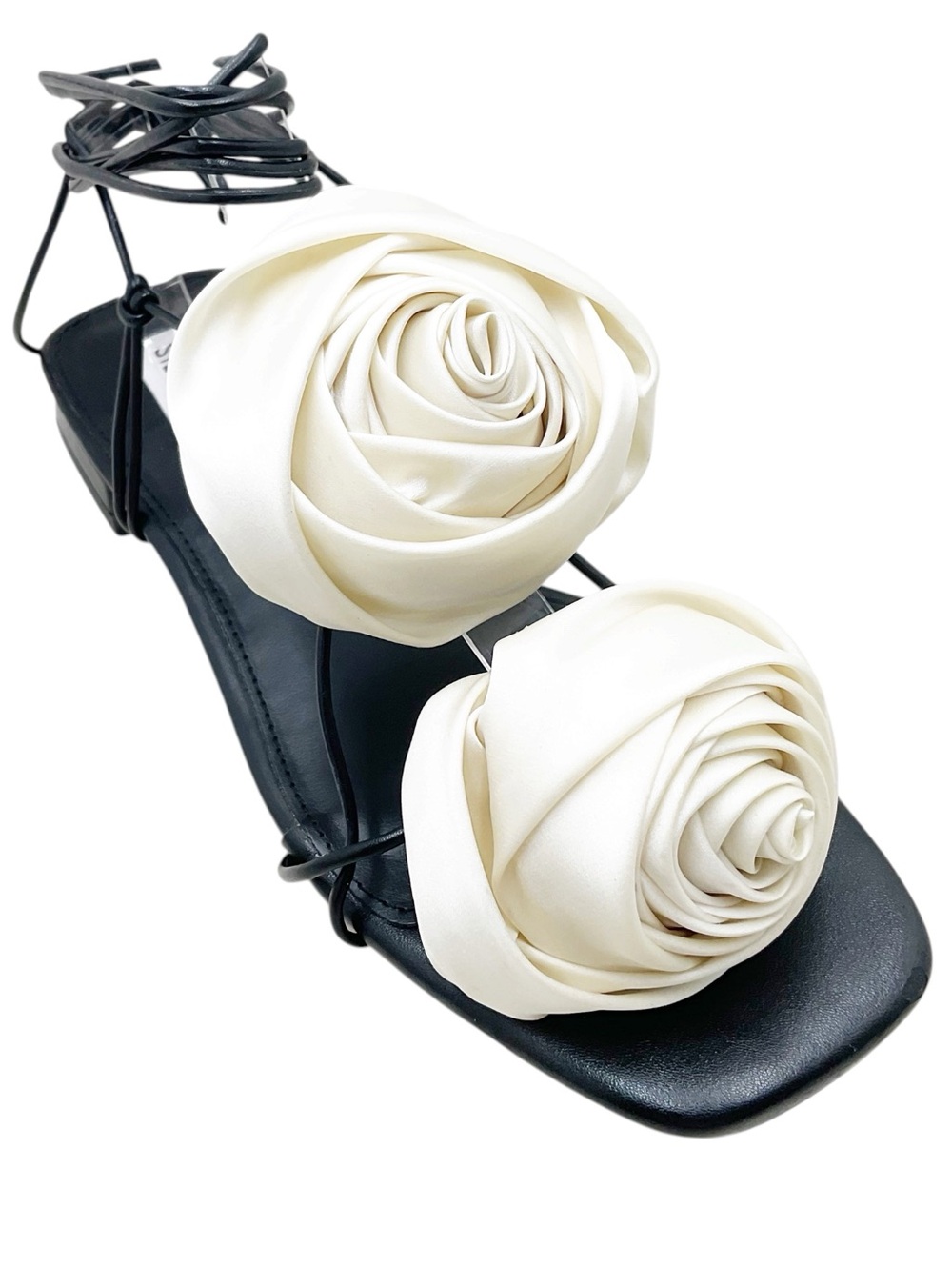 {Steve Madden} Rosalind Ivory Satin Rose Lace-Up Sandals - Picture 2 of 14